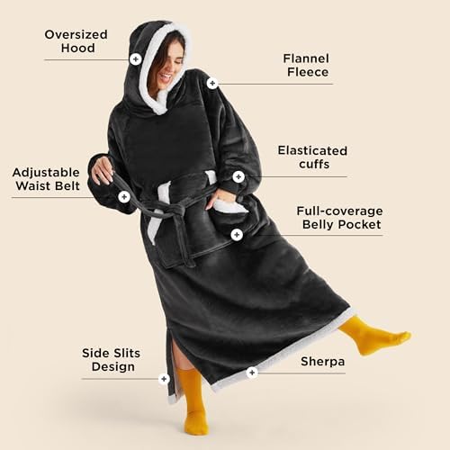 Bedsure Wearable Blanket Hoodie, Long Hooded Blanket Sweatshirt as Christmas Birthday Gifts for Men, Cozy Sherpa Hoodie for Adult, Oversize, Charcoal