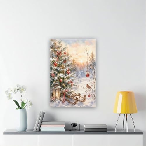 Snowy Christmas Tree Canvas Wall Art Winter Sled Birds Decor Inner Frame