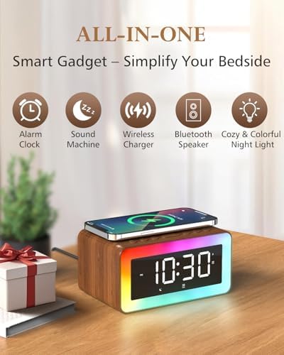 Alarm Clock for Bedroom, Wireless Charging, Bluetooth Speaker Sound Machine