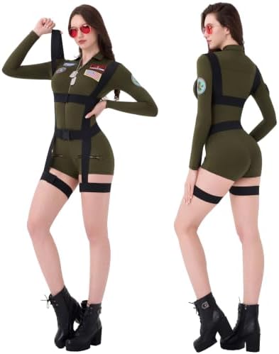 Women’s Pilot Costume, 4 Piece Military Aviator Romper with Harness & Tags