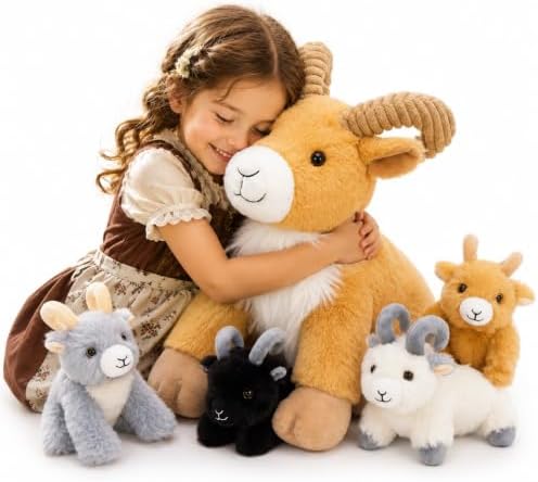 MorisMos Goat Stuffed Animal, 15" Mama Goat Plush with 4 Baby Goats