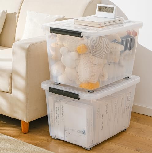 Cetomo 40Qt Plastic Storage Bin with Wheels, Stackable Storage Box with Lid, Organizer, Container for Home, Office, Drom, PP, BPA-Free, Nestable, Clear, 40Quart-4 Pack