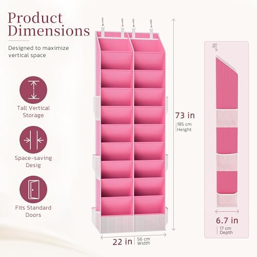 Criusia Over the Door Shoe Organizer, 20-30 Pairs Heavy-Duty Hanging Shoe Storage with Large Pockets, 10-Tier Door Shoe Rack with 4 Hooks for Sneakers Sandals Heels Boots (Pink)