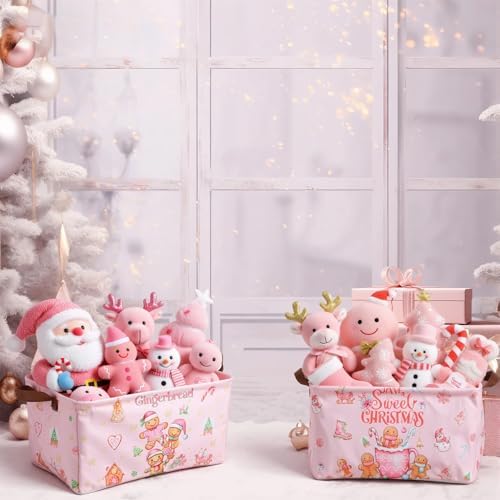 CHENGU 6 Pack Christmas Storage Basket Pink Collapsible Christmas Basket for Gifts Gingerbread Man Holiday Decor Large Gingerbread House Bin Foldable Xmas Tree Box with Handle for Bedroom Office Home
