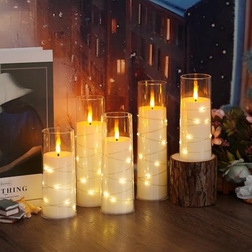 kakoya Flameless LED Candles with Timer 5 Pc Flickering Flameless Candles for Romantic Ambiance and Home Decoration Stable Acrylic Shell,with Embedded Star String，Battery Operated Candles（White）