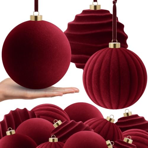 Syhood 12 Pcs 6 Inch Velvet Christmas Balls Large Ornaments, Burgundy