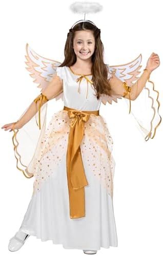 Spooktacular Creations Halloween Angel Costume for Girls, Golden White Angel Dress for Kids for Halloween Role Play Themed Party (X-Large, 12-14 yrs)