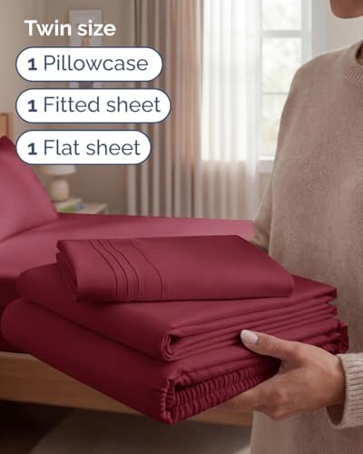 Twin Size 3 Piece Sheet Set - Comfy Breathable & Cooling Sheets - Burgundy
