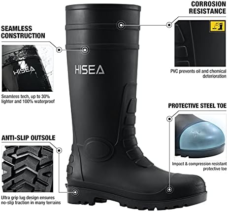 HISEA Men's Steel-Toe Rain Boots, Rubber Boots Waterproof Slip Resistant