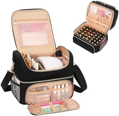 CUBETASTIC Nail Polish Organizer & Storage Bag for 48 Bottles & Full-Size Lamp, Double-Layer Travel Case Box for Nail Supplies, Manicure Kit & Pedicure Tools (Black, 48 Slots)