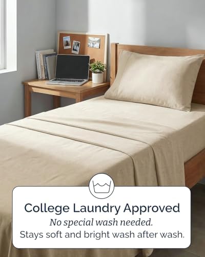 Twin XL Size 3 Piece Sheet Set - Breathable & Cooling - Heathered Beige