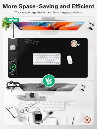Mouse Pad, Office Desk Mat, Large Gaming Mousepad with Superior Micro-Weave Cloth, XXL Desk Pad with Stitched Edges, Non-Slip Writing Pad for Gamer, Laptop, Work & Home (Black with 20W PD Charger)