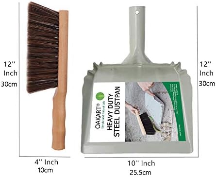 Metal Dust Pan and Brush Set, Natural Bristle Wooden Hand Broom for Fireplace, Garage, Workshop, 9" Wide