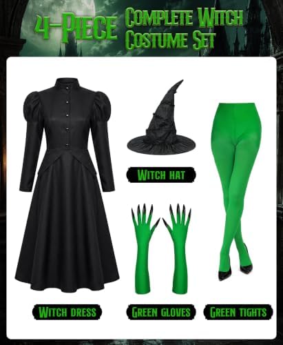 Witch Costume for Women Halloween Adult Black Witch Dress Set with Hat Green Gloves Tights for Costume Party Cosplay