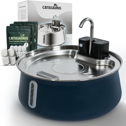 Cattasaurus Wireless 304 Stainless Steel Cat Water Fountain with Filtration, Automatic Water Dispenser for Cats, 135oz Large Capacity, Dishwasher Safe (Blue, Fountain + 14 Filters (3-Month Supply))