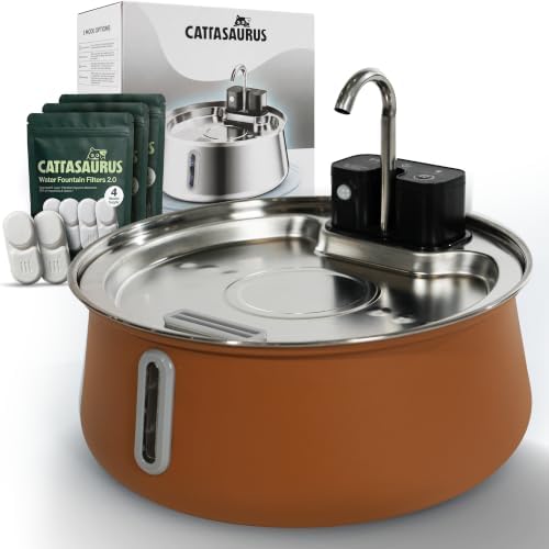 Cattasaurus Wireless 304 Stainless Steel Cat Water Fountain with Filtration, Automatic Water Dispenser for Cats, 135oz Large Capacity, Dishwasher Safe (Coffee, Fountain + 14 Filters (3-Month Supply))