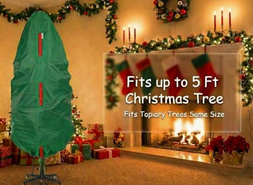 Upright Christmas Tree Storage Bag - Fits 5 Ft Artificial Xmas & Topiary Tree, Vertical Holiday Cover, Durable, Dustproof & Easy-Use Xmas Storage, Green