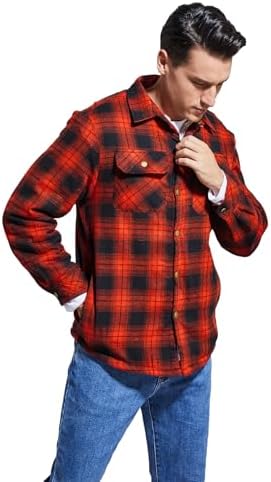 Men's Sherpa Cotton Flannel Shirt Jacket Plaid Button Coat Pocket