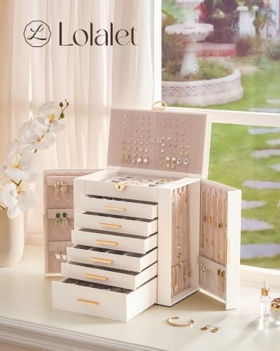 Lolalet Large Jewelry Box, 7-Layer Jewelry Organizer with 6 Drawers -Beige