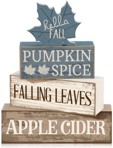 Moucuny 4 Pcs Fall Table Decoration Rustic Blue Maple Leaf Wooden Blocks