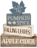Moucuny 4 Pcs Fall Table Decoration Rustic Blue Maple Leaf Wooden Blocks