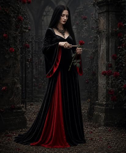 Morticia Addams Costume with Wig Women Halloween Gothic Maxi Dress