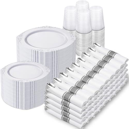 Nervure 700Pcs Silver Plastic Plates, Plastic Dinnerware Set for 100 Guests