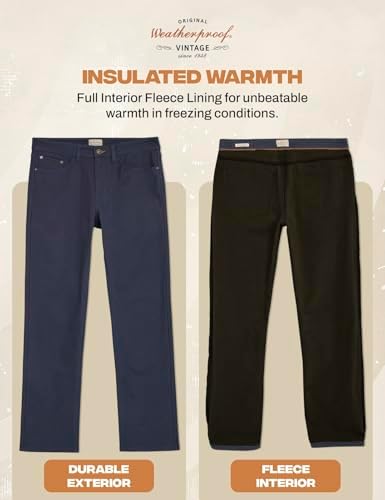 Weatherproof Vintage Fleece Lined Pants Men's - Regular Fit | Soft & Warm, Cold Weather Insulated Canvas Winter Pants for Men