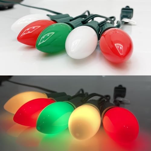 SUNSGNE C9 LED Outdoor Vintage Christmas Lights, 25FT Christmas Tree Lights with 26 0.6W LED Red Green White Bulbs(1 Spare) for Patio Garden Holiday Home Décor, Green Wire