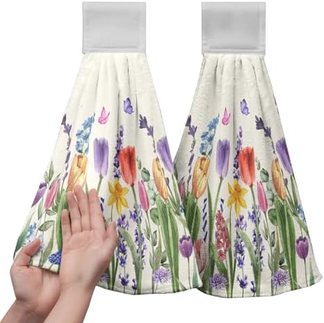 Tulip Kitchen Towels with Loops Spring Floral Tulips Lavender Hanging Hand Towel Set of 2 Summer Flower Butterfly Dish Towels Washcloths Super Absorbent Soft Hang Towel Bath Tie Towel