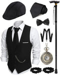 1920s Mens Costume, Roaring 20s Costumes for Men 1920s Mens Outfit with Walking Cane Vest Hat 1920 Mens Accessories