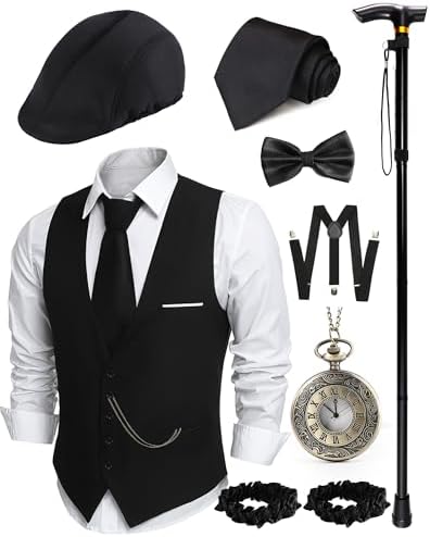 1920s Mens Costume, Roaring 20s Costumes for Men 1920s Mens Outfit with Walking Cane Vest Hat 1920 Mens Accessories