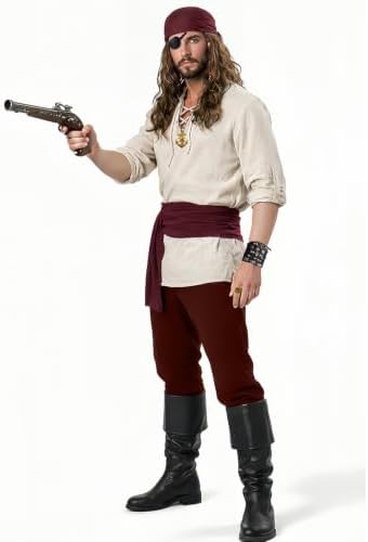 9PCS Men's Pirate Costume Set,Renaissance Medieval Outfit for Halloween Pirate Party with Viking Pants Shirts Accessories