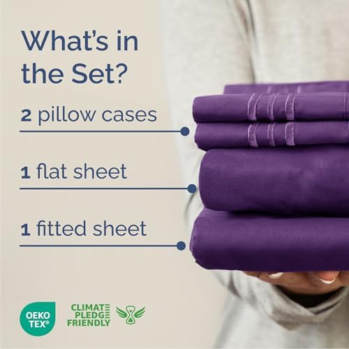 Queen Size 4 Piece Sheet Set - Comfy Breathable & Cooling Sheets - Purple