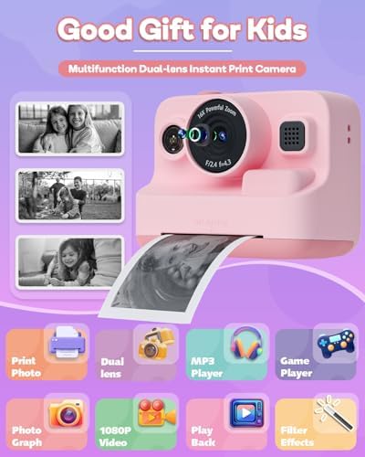 Dylanto Kids Camera Instant Print,1080P Kids Instant Cameras that Print Photos,Christmas Birthday Gifts for Girls Age 3-12,Portable Toy for 3 4 5 6 7 8 9 10 Year Old Girls Boys Pink