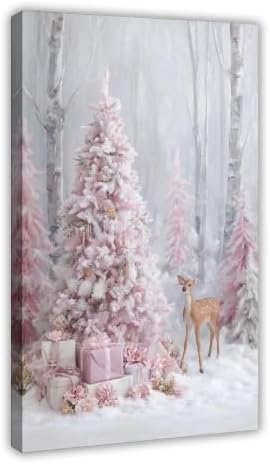 JDBeehpy Pink Christmas Tree and Gift Box Wall Art Framed 16x24inch