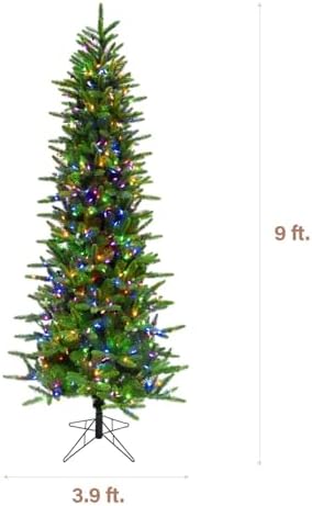 Fraser Hill Farm 9-Ft. Carmel Pine Slim Artificial Christmas Tree with Dual Multicolor & Warm White LED Lights and Stand, Prelit Foldable Fake Tree with Realistic Foliage for Home Decoration