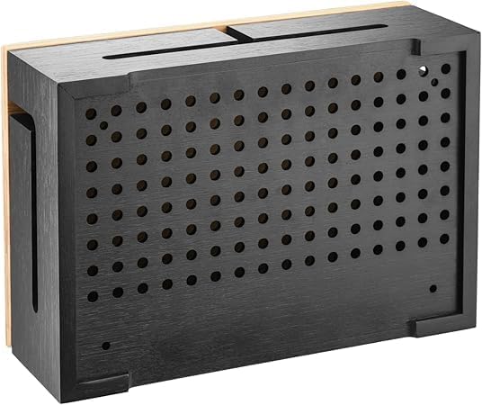 Bamboo Cable Management Box with Magnetic Lid - 12,6x7,8x4.3 in - Durable Cable Organizer to Hide Cords & Power Strip - Wall Mountable - Including Hardware - for Home, Office, Desk & More (Black)