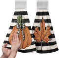 Fall Pumpkin Maple Leaves Kitchen Towels with Hanging Loop Autumn Thanksgiving Stripe Hand Tie Towels Soft Absorbent Fingertip Bath Towel Oven Stove Dish Washcloths Set of 2