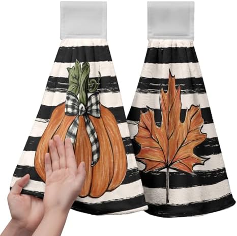 Fall Pumpkin Maple Leaves Kitchen Towels with Hanging Loop Autumn Thanksgiving Stripe Hand Tie Towels Soft Absorbent Fingertip Bath Towel Oven Stove Dish Washcloths Set of 2