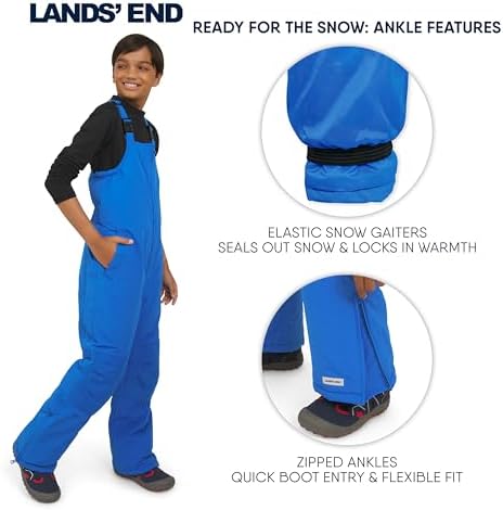Lands' End Unisex Kids Squall Waterproof Adjustable Insulated Iron Knee Snow Bib Overalls