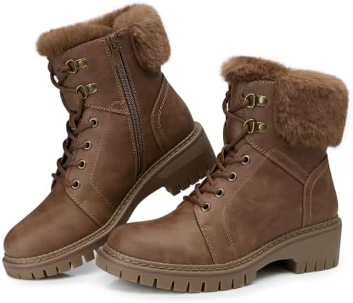 TEMOFON Ankle Boots for Women Winter: Comfortable Lace-up Combat Boot Warm
