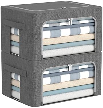 Clothes Storage Bins with Metal Frame, Clear Window, 22L, Dark Gray, 2-Pack