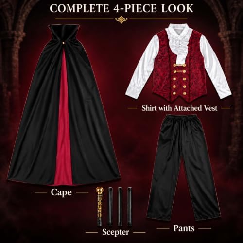 Men's Vampire Costume, Deluxe 4-Piece Dracula Outfit, for Adult Halloween Gothic Party