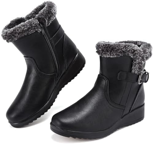 Womens Snow Boots Leather Winter Warm Boots Platform Ankle Booties