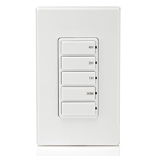 Leviton Countdown Timer Switch for household lights, heaters and exhaust fans, 30 min, 1-2-4 hour, No Neutral Wire Required, Single Pole, 15A, 1/2 HP/9.8A Fan/Motor, DT104-1LW, White