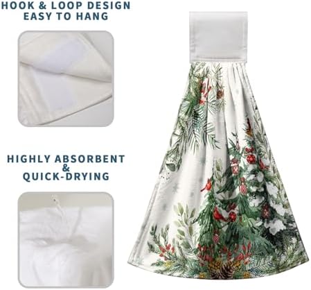 Christmas Tree Hanging Hand Towels Set of 2 Winter Cardinal Snow Xmas Pine Trees Kitchen Towels with Hanging Loop Nature Forest Dish Towel Soft Absorbent Bath Tie Towel for Bathroom Farmhouse Decor