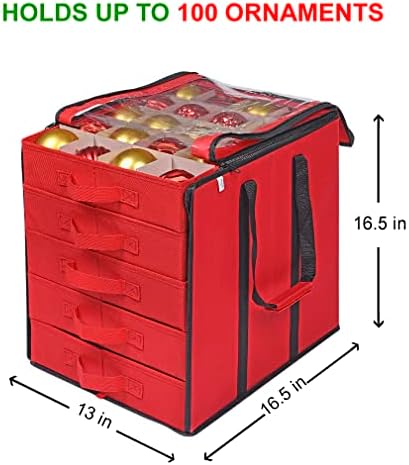ProPik Christmas Ornament Storage Boxes with Dividers - 5 Separate Trays - Ornament Holder - Keeps 100 Holiday Ornaments - Durable Carrying Bag Handles Organizer Storage Box (Red)
