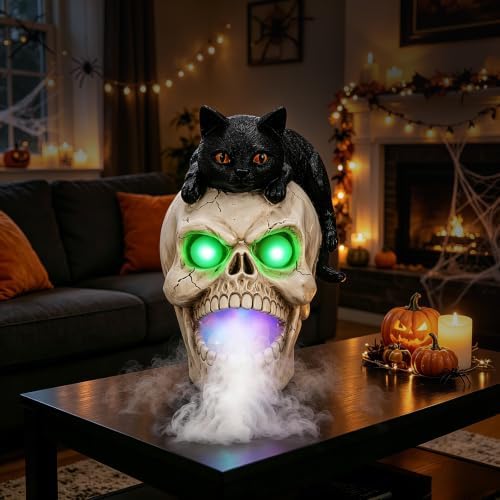Halloween Black Cat Skeleton Statue LED Light Smoke Effect Decor
