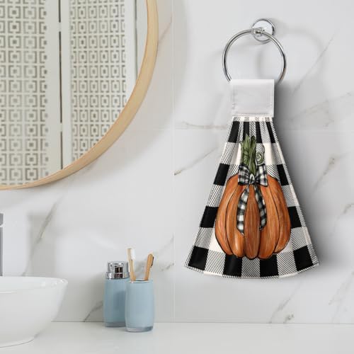Pumpkin Plaid Bow Kitchen Hanging Towel Set of 2 Black White Buffalo Check Maple Leaves Hand Towels with Hanging Loops Thanksgiving Oven Stove Dish Washcloth Soft Absorbent Bath Tie Towel